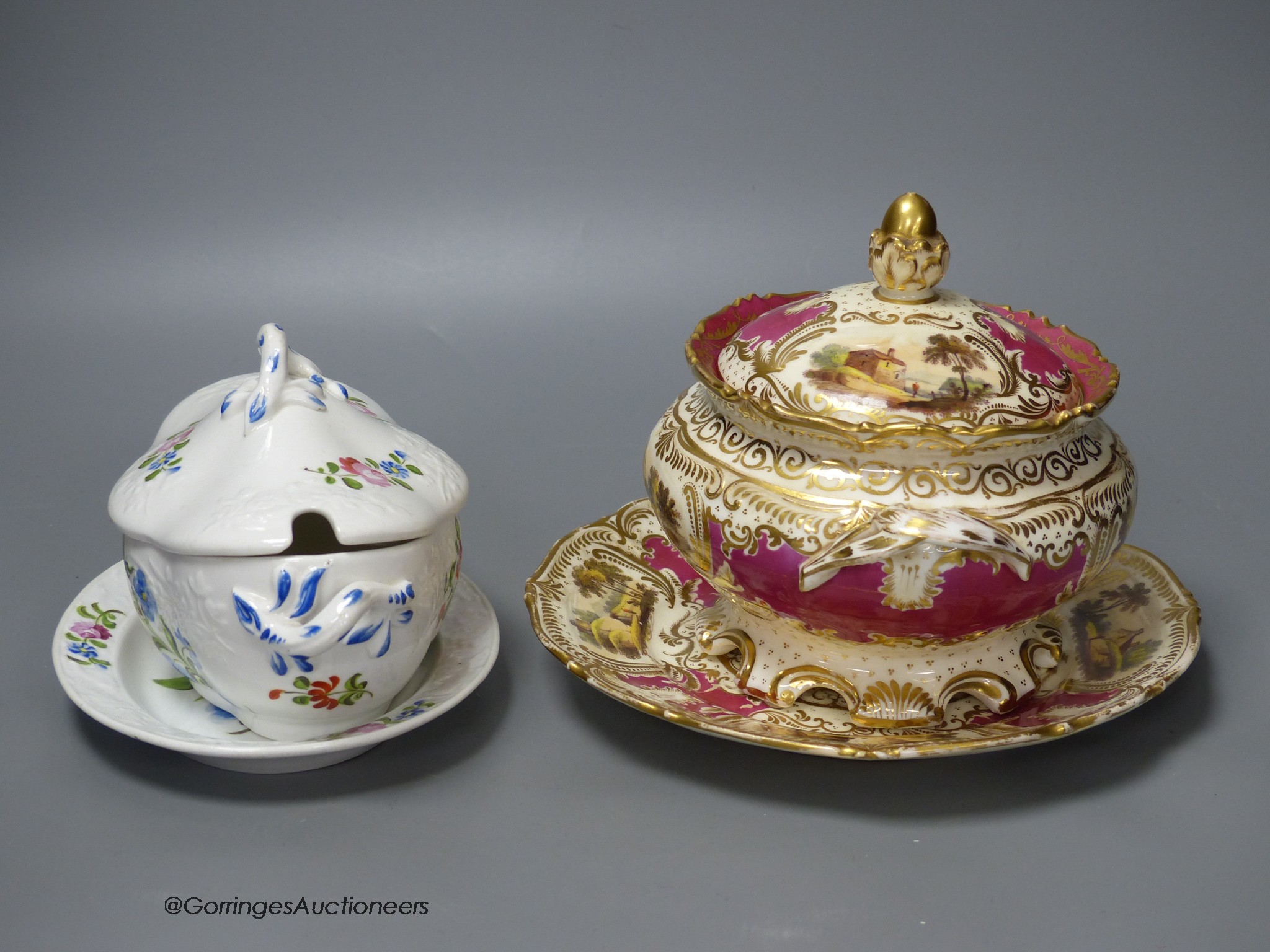 A Spode moulded sauce tureen, cover and stand painted with flowers and a Graingers Worcester sucrier, cover and stand painted with landscapes on a crimson ground